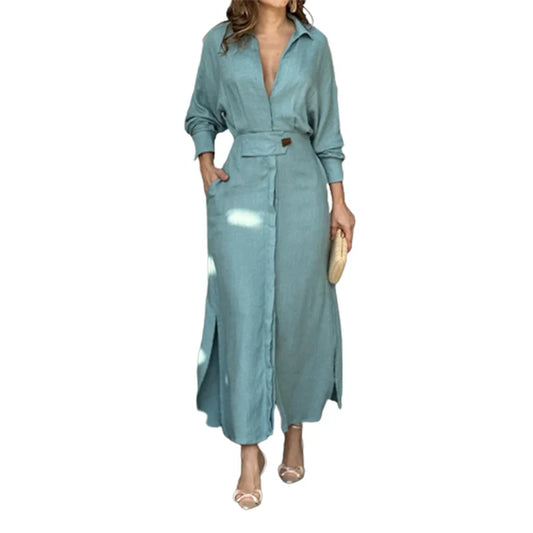 Female Lapel High Waist Splice Split Hem Gown